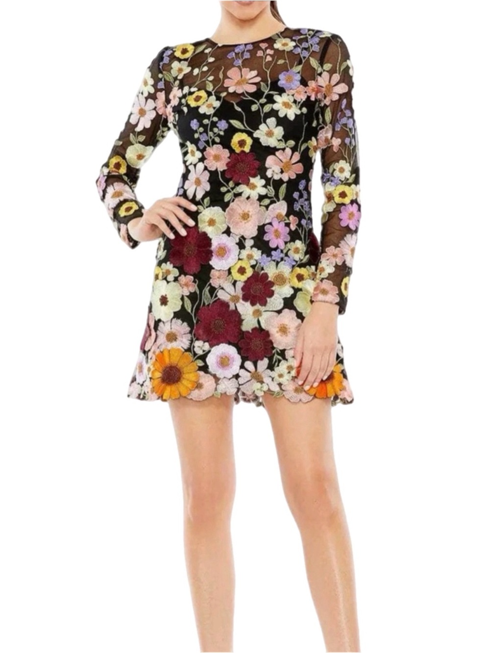 NWT Mac Duggal Long Sleeve Black Mini Dress with Multicolor 3D Floral Embroidery